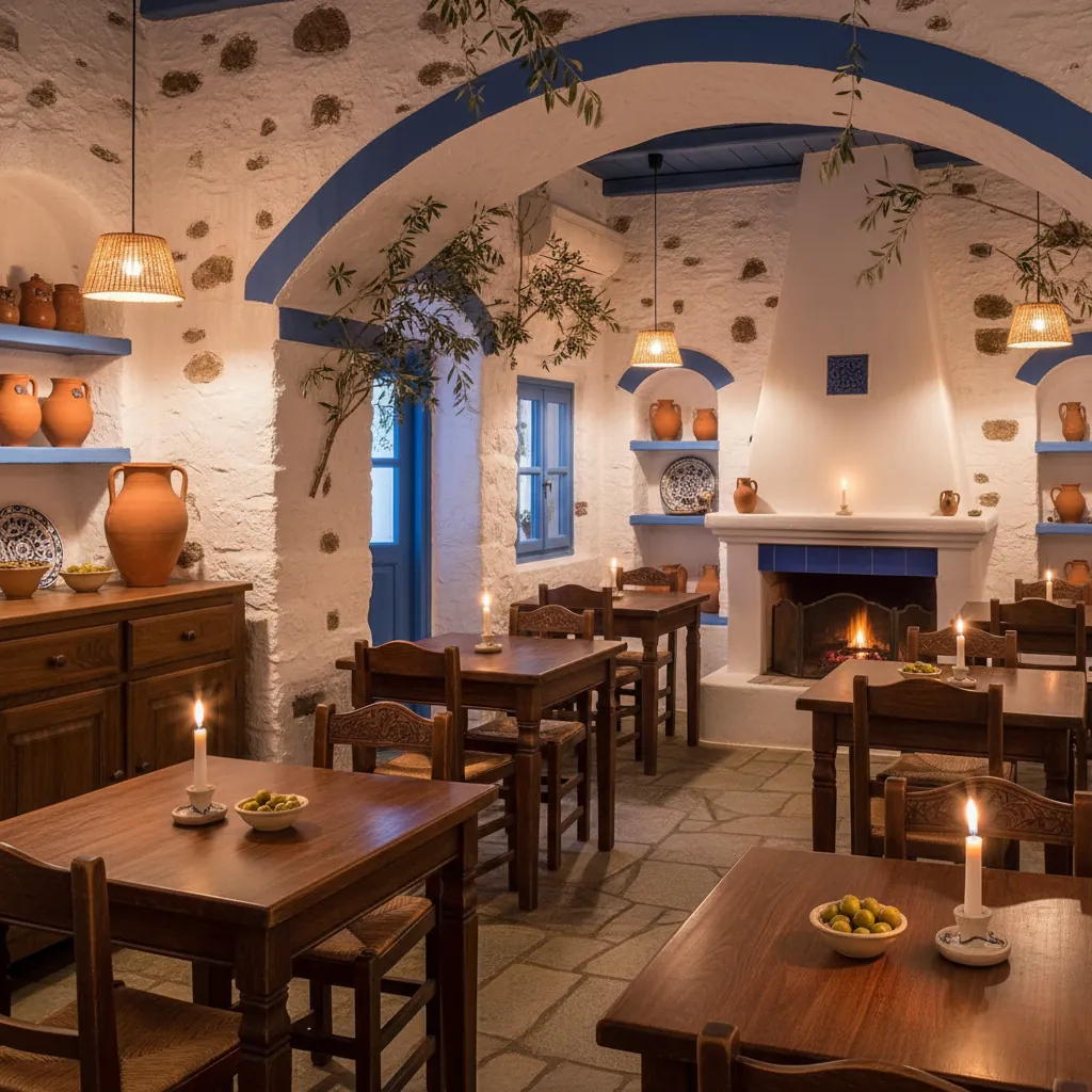 Het interieur van Restaurant Nostos — warme Griekse sfeer met blauwe tinten en houten meubels