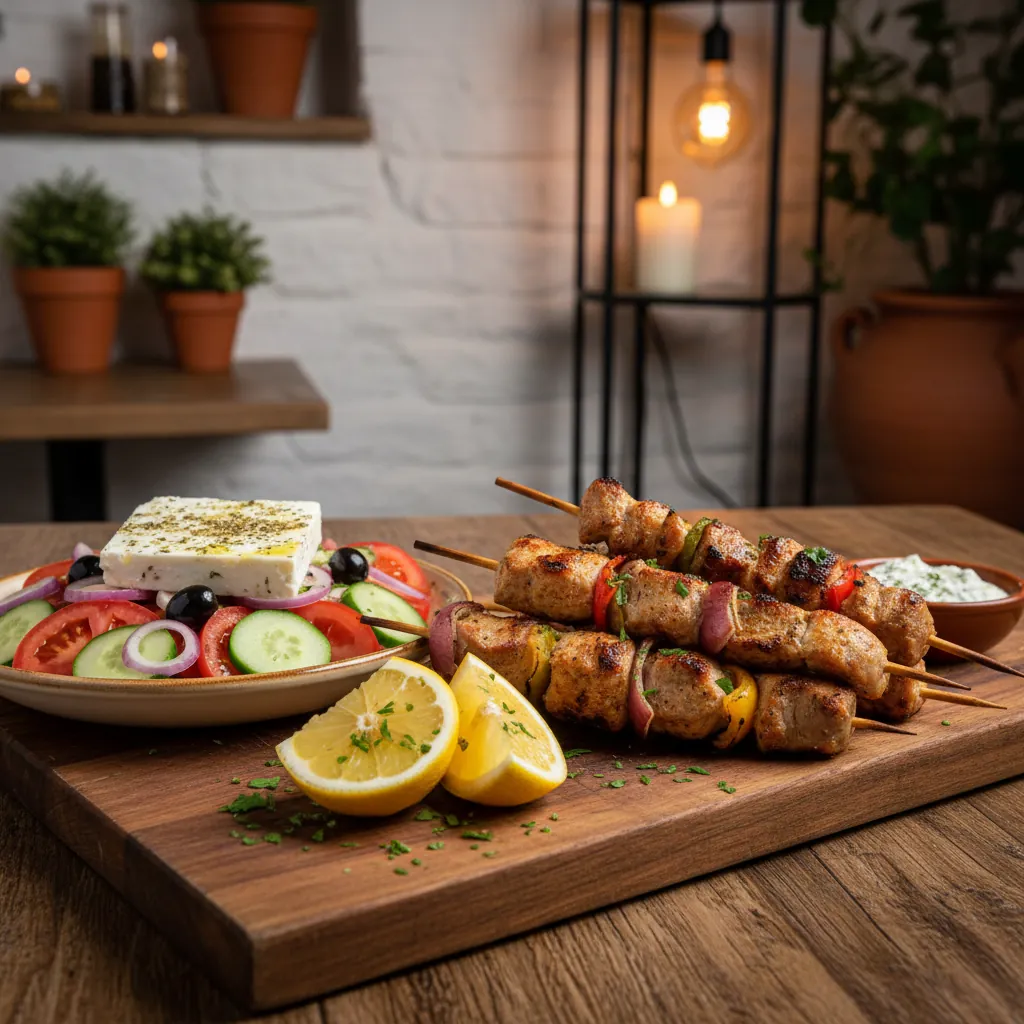 Gegrilde souvlaki skewers met citroen en kruiden