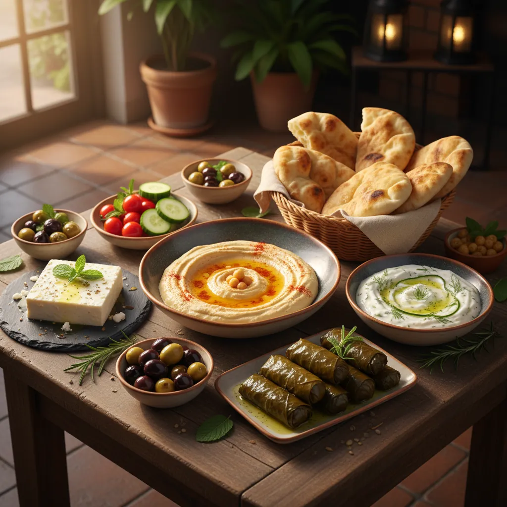 Traditionele Griekse mezze — hummus, tzatziki, dolmades en olijven
